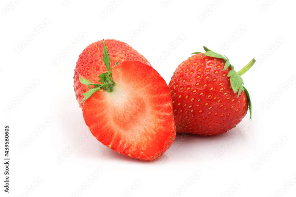 Real strawberries with leaf isolate on white background. Real strawberries with leaf isolate on white background.