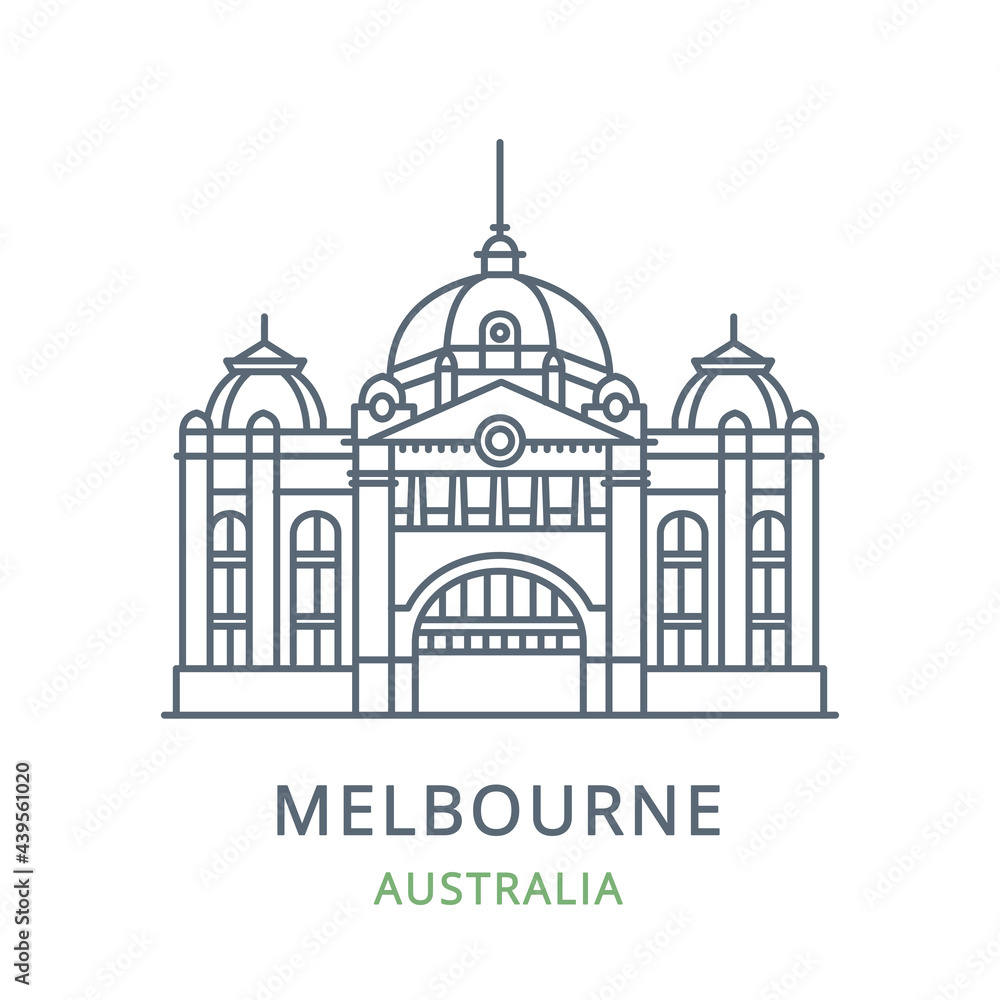 Melbourne city, Australia. Line icon of the famous and largest city in Victoria. Outline icon for web, mobile, and infographics. Landmark and famous building. Vector illustration, white isolated. 