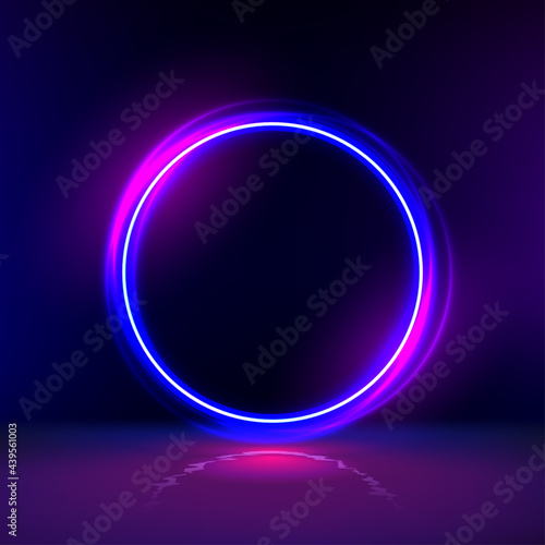 neon gloving ring in dark room. Round light frame for text. Dark abstract furistic background with circle gate. Portal to another universe. photo