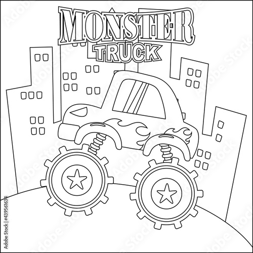 Vector illustration of monster truck with cartoon style. Childish design for kids activity colouring book or page.
