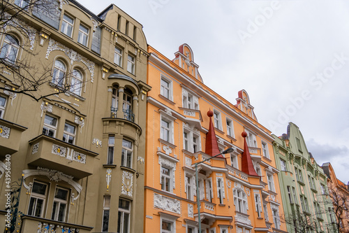 Art nouveau residential buildings in the district of Vinohrady, the neighborhood preffered by expats in Prague, Czechia