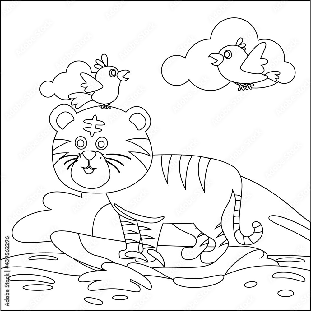 Vector illustration of surfing time with cute little tiger at summer. Childish design for kids activity colouring book or page.