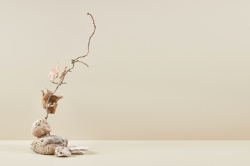 Abstract nature scene with composition of stones and dry branch. Neutral beige background for cosmetic, beauty product branding, identity and packaging. Natural pastel colors. Copy space, front view.
