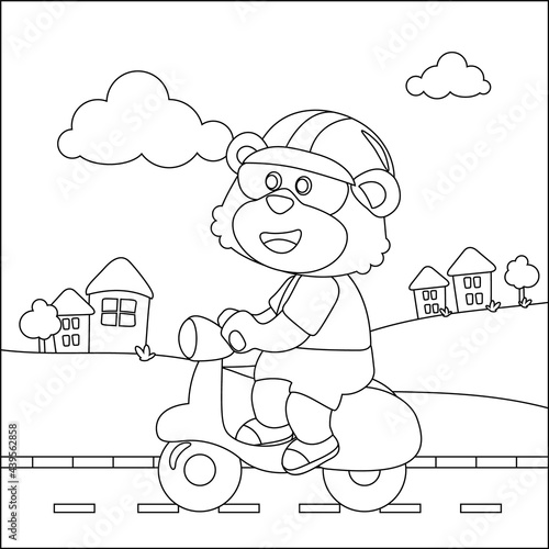 Cute little lion Riding scooter  funny animal cartoon vector illustration. Childish design for kids activity colouring book or page.