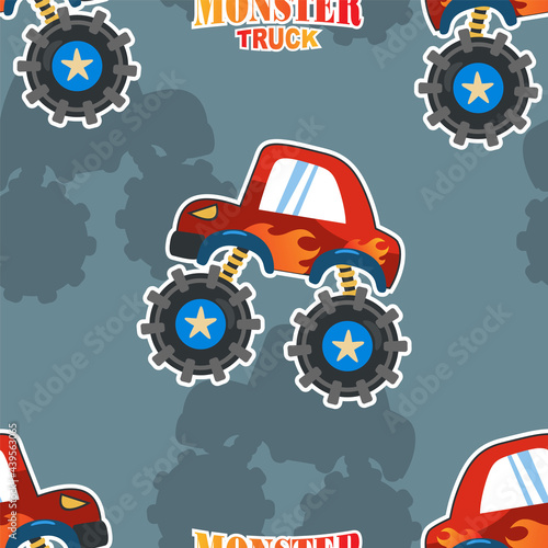 Seamless pattern vector of monster truck with cartoon style. For fabric textile, nursery, baby clothes, background, textile, wrapping paper and other decoration.