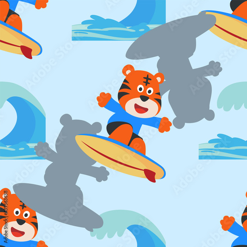 Surfing time with cute little tiger at summer. Seamless pattern texture for fabric textile, nursery, baby clothes, background, textile, wrapping paper and other decoration.