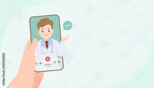 a hand holding cell phone see a man doctor video call online to conect hospital for consultation or diagnosis from distancing place blank banner illustration vector. Health Care Concept.
