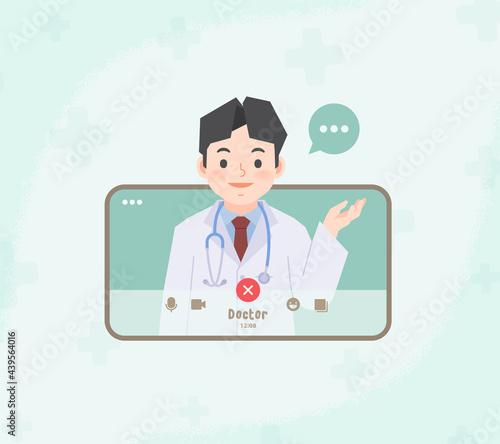 A cell phone see a asian man doctor video call online to contact hospital for consultation and diagnosis from distancing place illustration vector. Health Care Concept.
