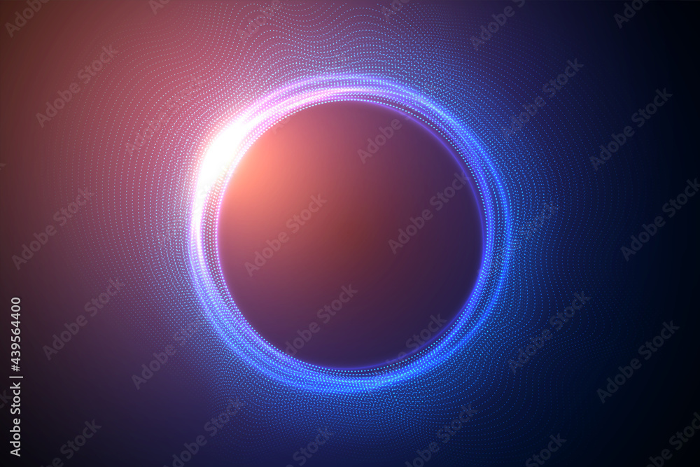 Glowing circles from dots with depth of field effect. Black hole, sphere, circle. Music, science, technology particles background.