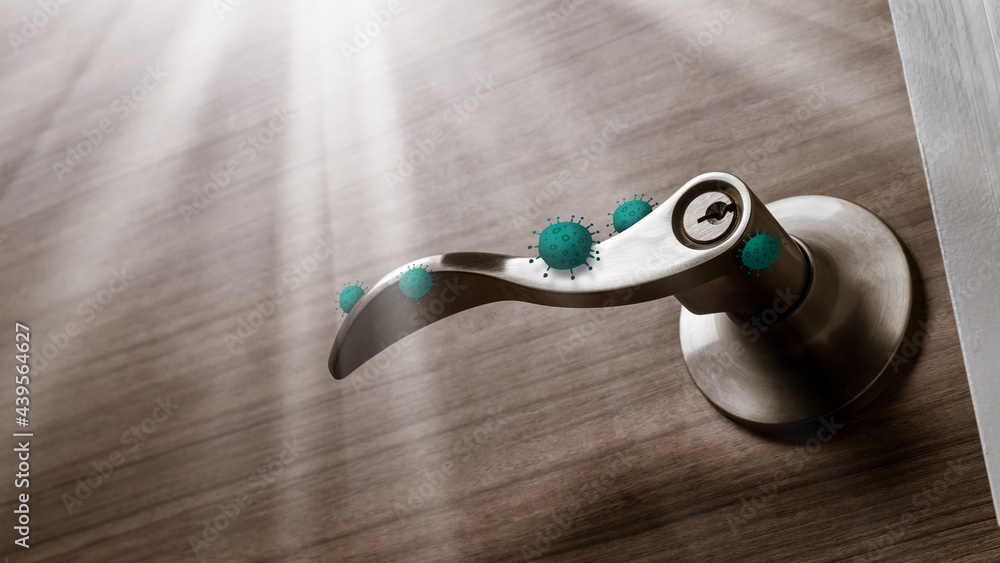 stainless door knob or handle on wooden door with virus or germ effect