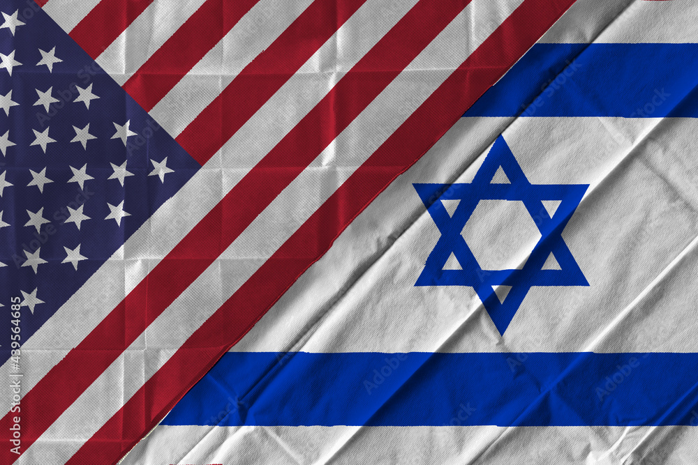 Concept of the relationship between the United States of America (USA) and Israel with two flags over each other