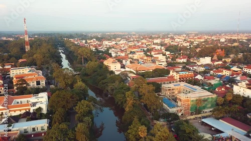 Drone aerial footage, fly over Siem Reap, Cambodia. photo