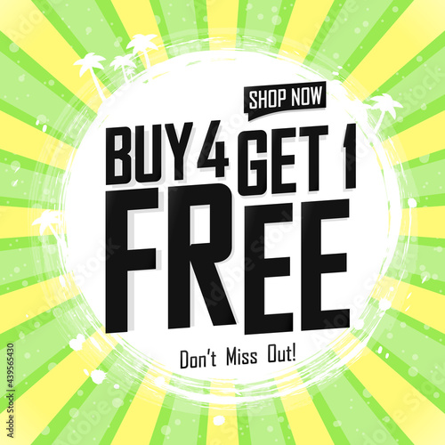 Buy 4 Get 1 Free. Summer Sale poster design template, spend up and save more, vector illustration