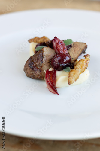 Seared chicken liver with port wine shallots photo