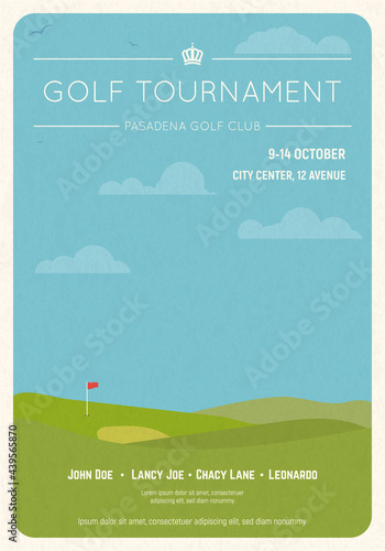 Retro style golf club invite. Blue sky and green golf field. Golfclub competition poster on textured paper. Championship or tournament text placeholder. Template for golf championship event.
