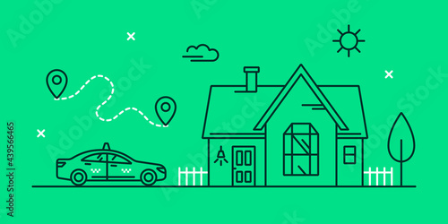 Vector linear illustration with a taxi car parked near the house. The route of the trip. Outlined home and cab icon. Concept for a taxi service banner.