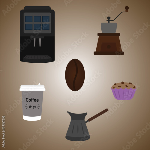 Coffee, coffee attributes, grain, coffee machine, coffee grinder, turk, coffee glass, cupcake. Vector illustration of coffee attributes.