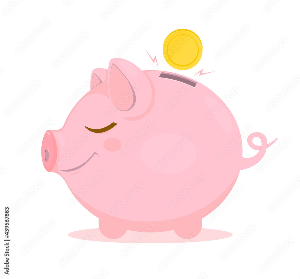 Fototapeta premium Piggy bank and coin isolated on white background. Savings or accumulation of money, investment, banking or business services. Vector illustration.