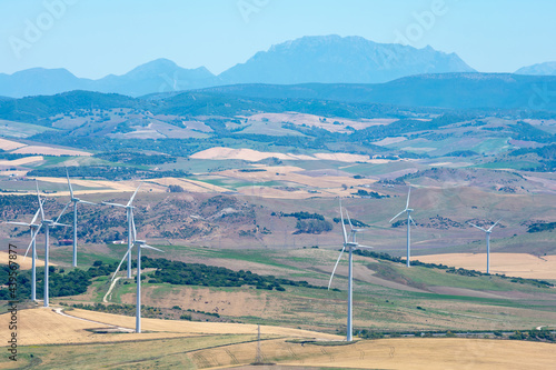 fields of the province of Cadiz with windmills, wind farm. Andalusia. Spain. Europe.
