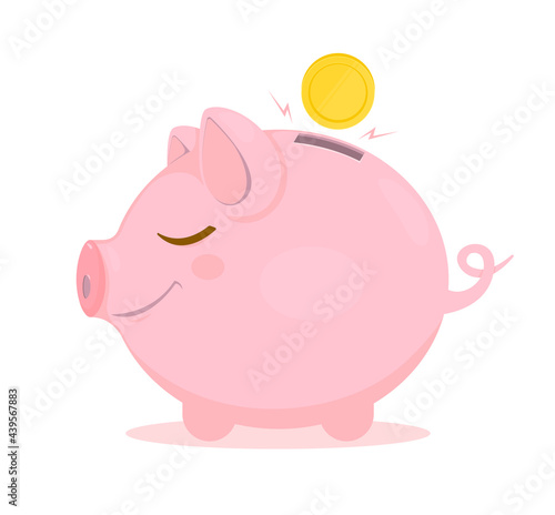 Piggy bank and coin isolated on white background. Savings or accumulation of money, investment, banking or business services. Vector illustration.
