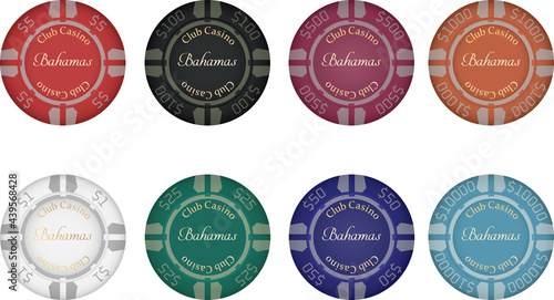 Vector illustration of colorful casino chips with casino name and dollar denomination