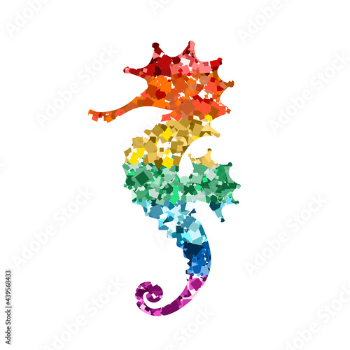 Glittering seahorse icons with rainbow colors glitter sequins on white for Valentine day, kid's design, wedding invitation, branding, logo, label, LGBT symbol. Vector illustration