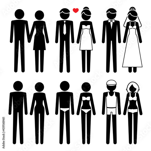 Set of couple in different poses. Collection black figures. Gentleman and lady relationship.Illustration print vector