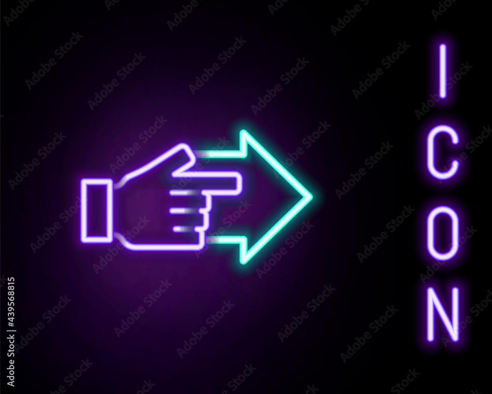 Glowing neon line Hand with pointing finger with arrow icon isolated on black background. Business vision and target. Concept business finance, character, leader. Colorful outline concept. Vector