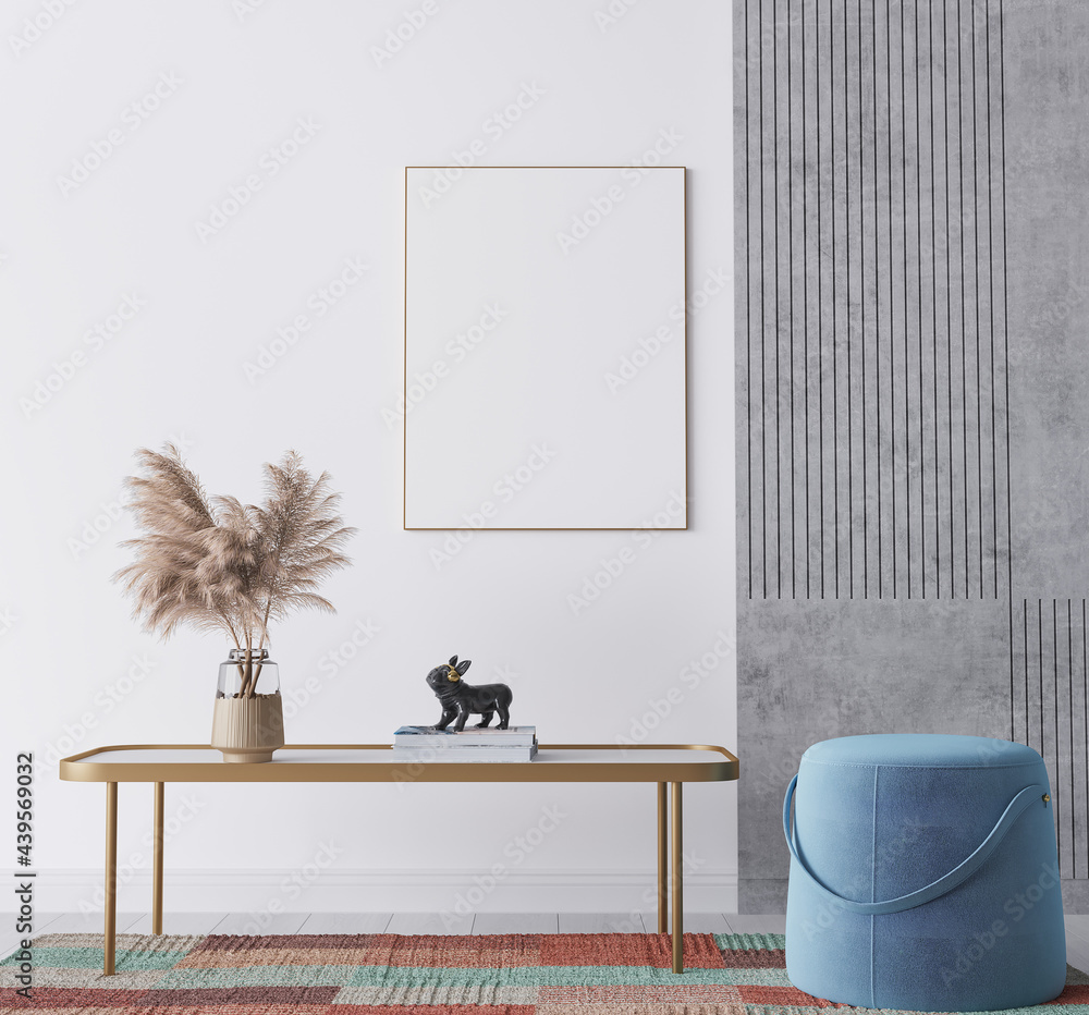 Fototapeta Mock up frame in bright colorful home interior, 3d render