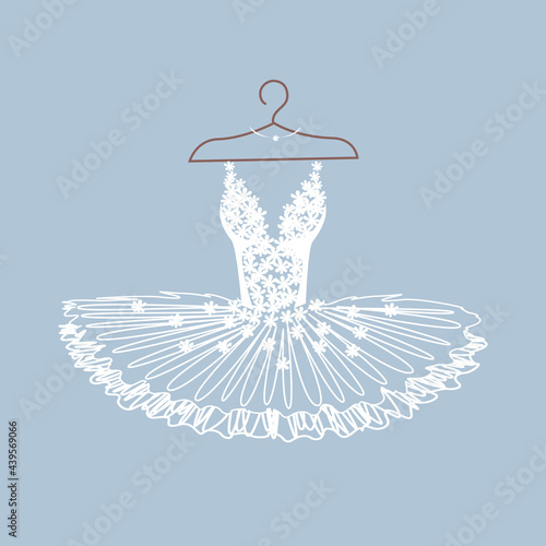 Beautiful ballet tutu on a hanger. Ballet dress with lace bodice. Vector illustration on white background.