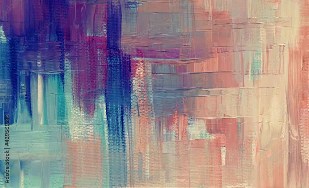 Obraz premium Sand, coral, purple and blue paint strokes, canvas, large background over 8K pixels wide. Contemporary art, abstract painting