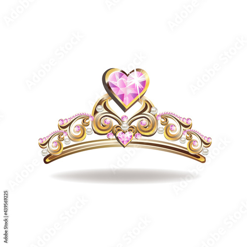 Princess crown or tiara with pearls and pink gems in the shape of a heart vector illustration isolated on white background.