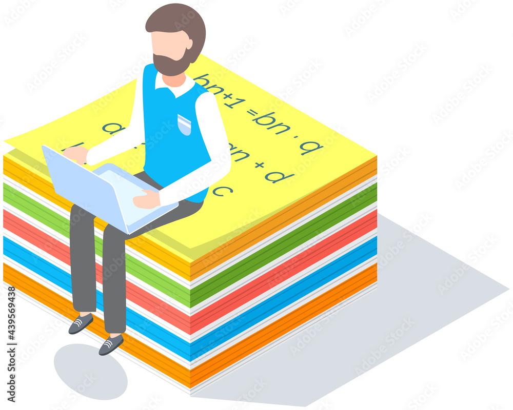 Man sitting and working with laptop on colored stickers for notes. Businessman with beard works and analyzes data on internet. Person works with computer and surfing internet on white background