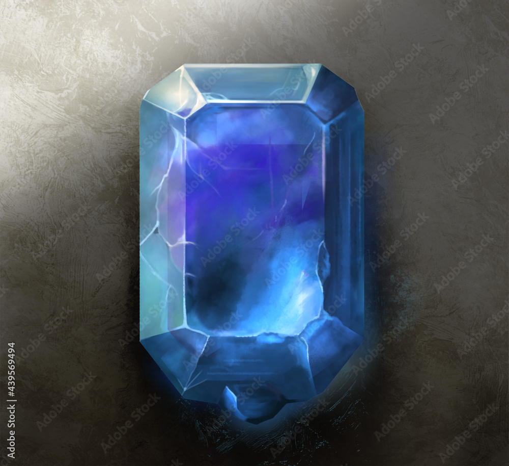 Obraz premium Blue crystal, fantasy icon, casual game. A glass object. Amethyst, crystal, cacholong, quartz, chalcedony, diamond. Realistic graphics. 