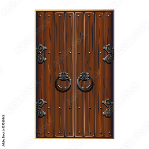 Antique fabulous door with forged handles. Double-leaf wooden door with metal decorations. A fabulous door to a magical land. Vector illustration isolated on white background.