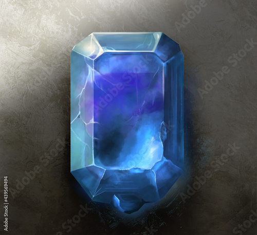 Blue crystal, fantasy icon, casual game. A glass object. Amethyst, crystal, cacholong, quartz, chalcedony, diamond. Realistic graphics. 