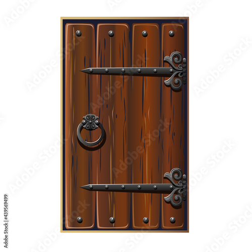 Old fairytale door with forged handles. Antique door with forged metal jewelry. Vector illustration isolated on a white background.