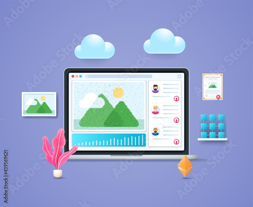 Non fungible token concept. Laptop with a picture of the nft auction on screen. Crypto art auction. Painting, certificate and blockchain on the shelf. Web vector illustrations in 3D style