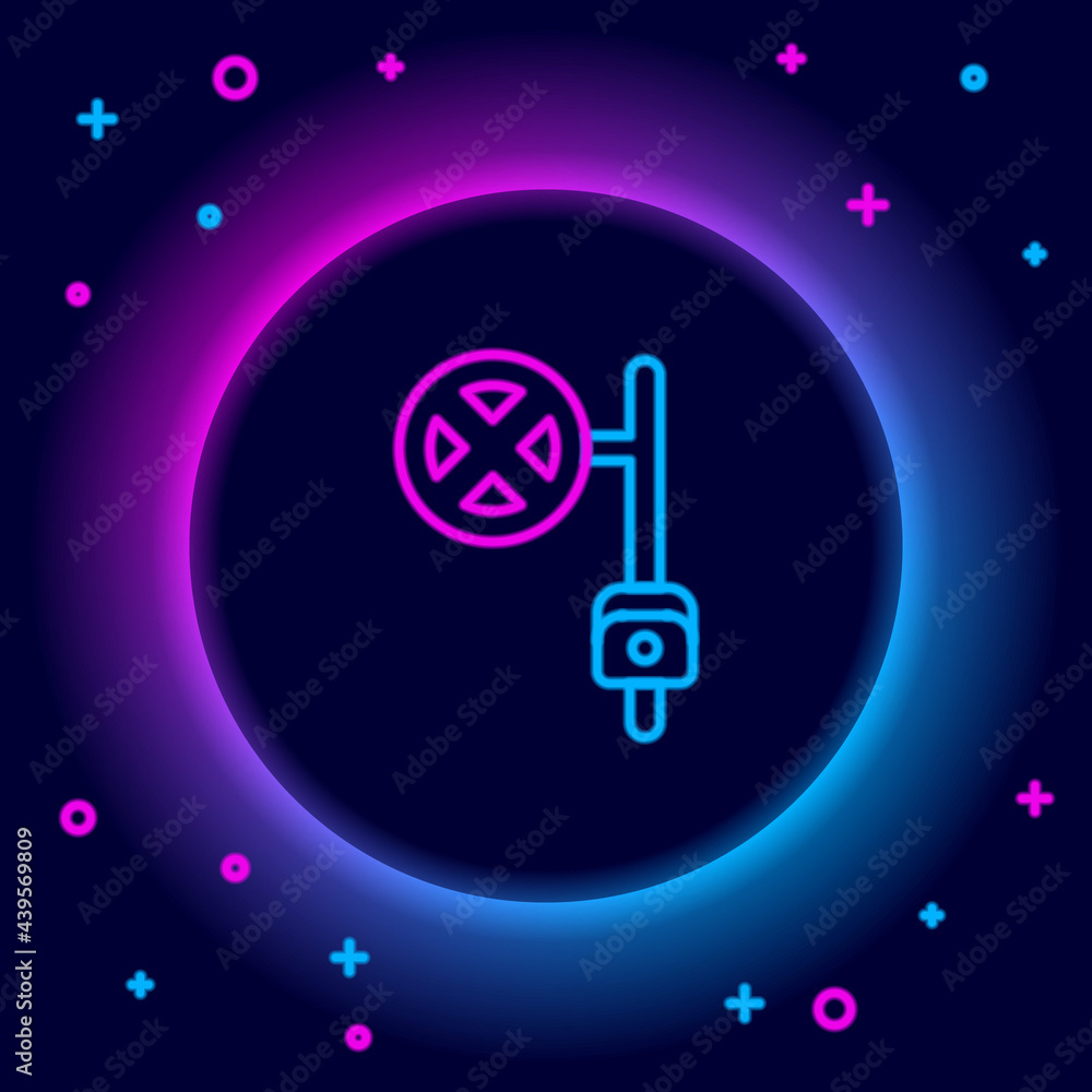 Glowing neon line Stop sign with camera icon isolated on black background. Traffic regulatory warning stop symbol. Colorful outline concept. Vector Glowing neon line Stop sign with camera icon isolated on black background. Traffic regulatory warning stop symbol. Colorful outline concept. Vector