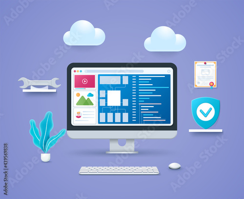 Site reliability engineering design template. Creating scalable and highly reliable software systems. Computer with open pages on screen. Keyboard and mouse. Web vector illustrations in 3D style