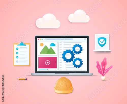 Site reliability engineering design template. Creating scalable and highly reliable software systems. Laptop with open pages on screen. Web vector illustrations in 3D style