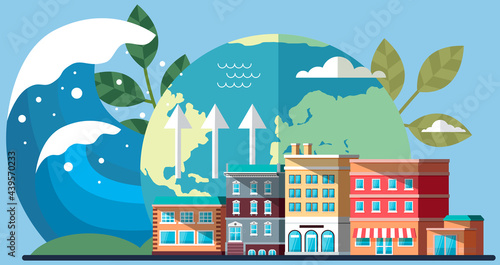 Climate change on planet. Cityscape with houses on background of globe. Visualization weather and human activity affects water level. Huge wave heading towards modern downtown, business center