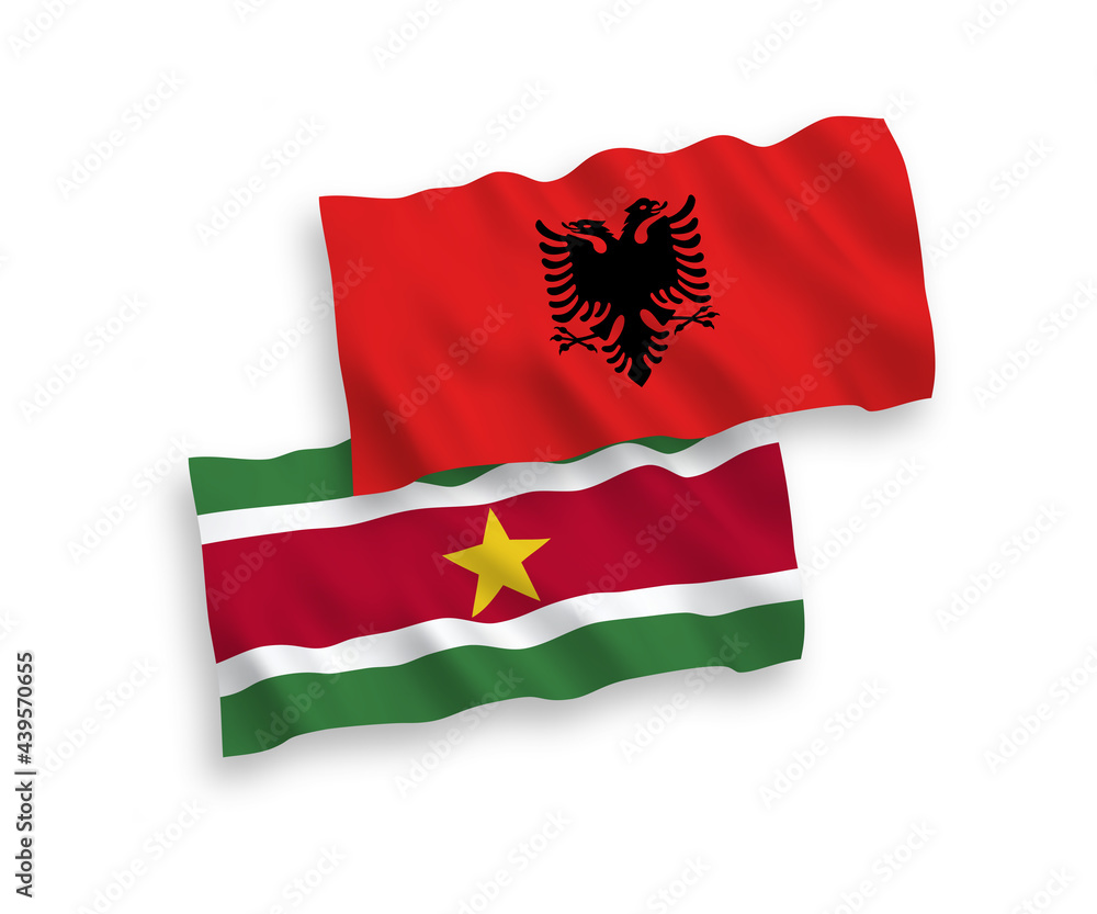 Flags of Republic of Suriname and Albania on a white background