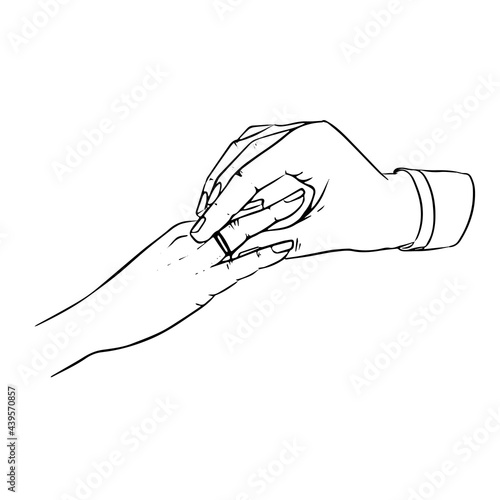 Will you marry me poster. Marriage proposal vector illustration with wedding ring and male and female hands. Engagement proposal. Marriage proposal. Sketch black white. circuit