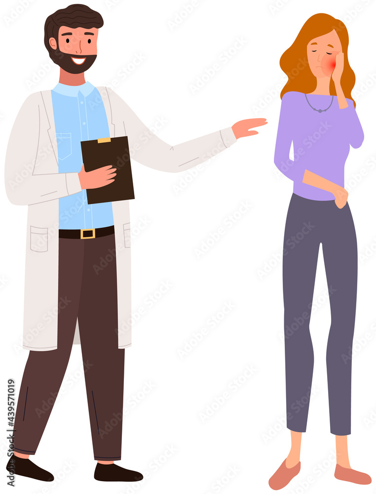 Woman with pain in consultation with doctor. Medical specialist consults patient with toothache. Girl touching her cheeck and feeling pain in tooth. Patient complains to physician about toothache