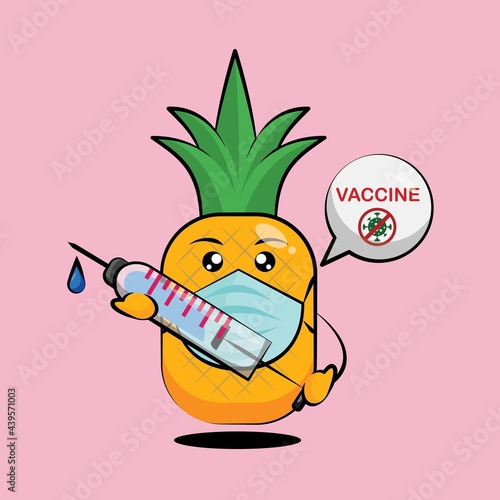 Cute pineapple cartoon holding anti coronavirus vaccine vector design