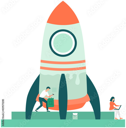 Female employee working with startup, business development. Launch of project, successful business strategy. Woman planning and preparing rocket for launch. Man prepares and paints rocket for flight