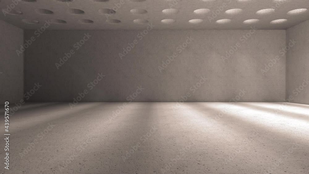 Light sources move to the right and shine through round holes casting shadows. Loopable animation of beige concrete interior light.