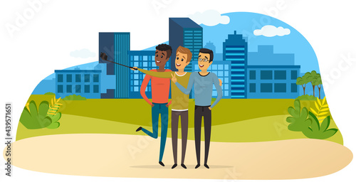 Group of male friends taking selfie photo with smartphone. Young people having fun and making selfie. Friendship and technology concept. Men with phone on monopod are posing for joint photo