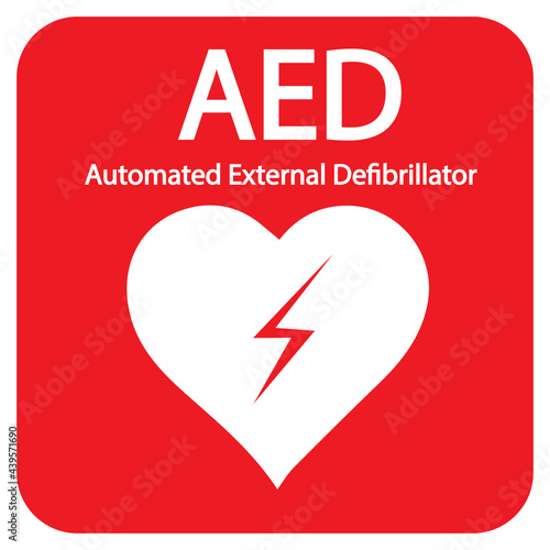 AED,automated external defibrillator / aed sign with heart and electricity symbol flat vector icon	
